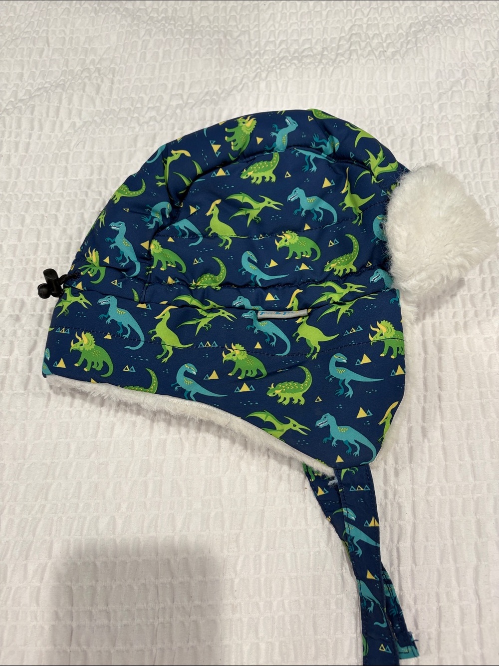 Kids Dinosaur Print Winter Trapper Hat - Navy & Green
Size L